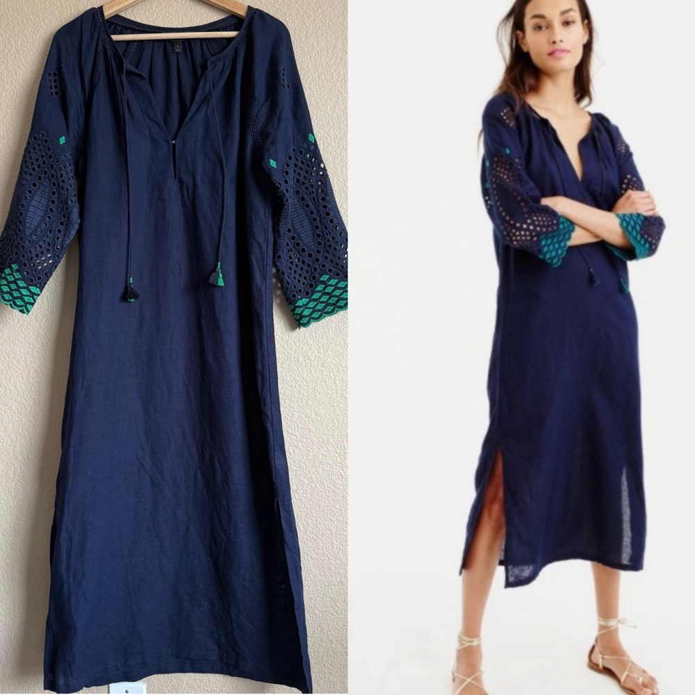 J. Crew Eyelet Tassel Linen Blended Caftan Embroidered Beach Midi Dress Sz S